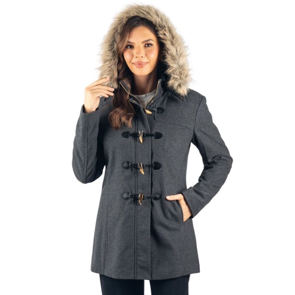 Alpine Swiss Duffy Womens Hooded Parka Fur Trim Wool Coat Toggle Button Jacket